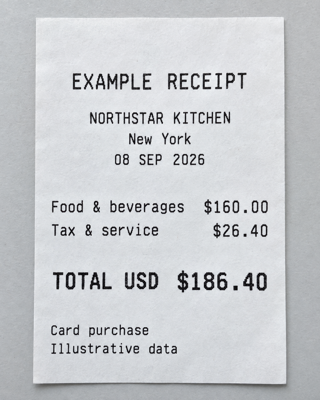Example receipt: Northstar Kitchen, September 8, 2026, total $186.40